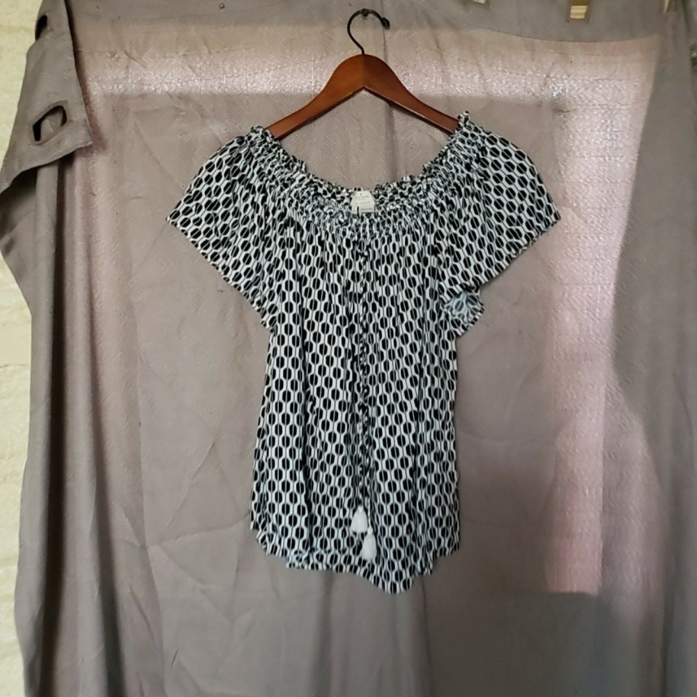 Kate Spade Top Womens S Black White Geometric Off Shoulder Tassel Blouse Summer